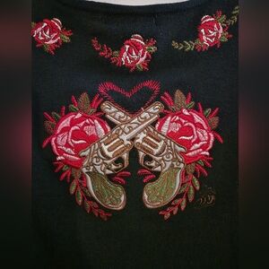 Black Cardigan Sweater with Embroidered Guns and Roses Rockabilly Kustom Kulture